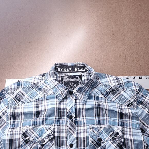 Buckle Black Shirt Mens L Blue Plaid Athletic Fit Snap Up Western Country Cowboy - Picture 4 of 11